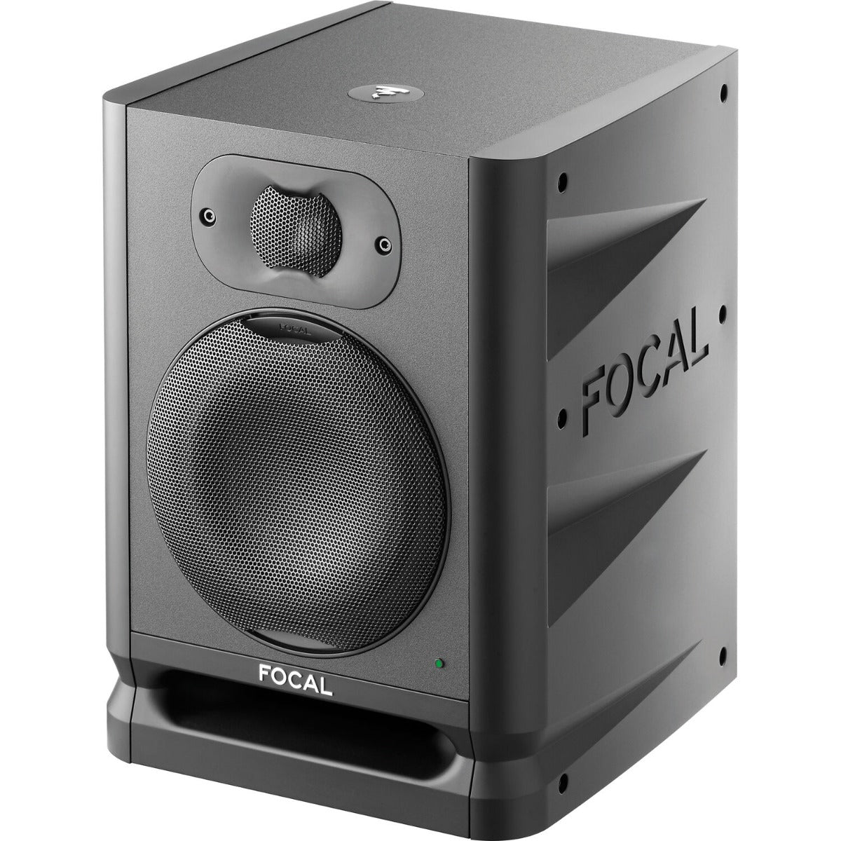 Focal Alpha 50 Evo active nearfield monitor speaker with sleek black finish and front-facing controls.