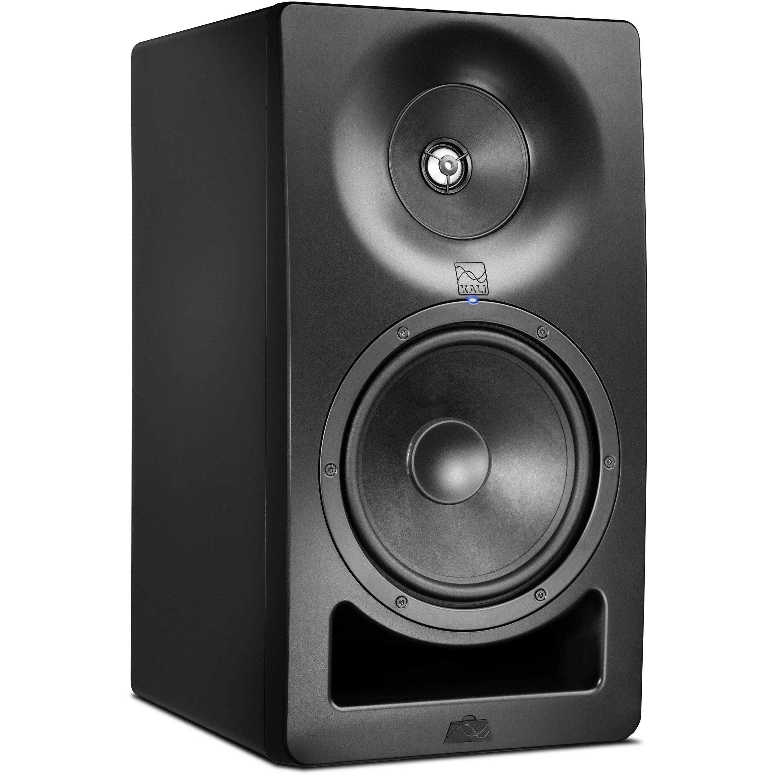 Kali Audio SM-8 active nearfield monitors shown on a desk with audio equipment and cables in a studio setting.