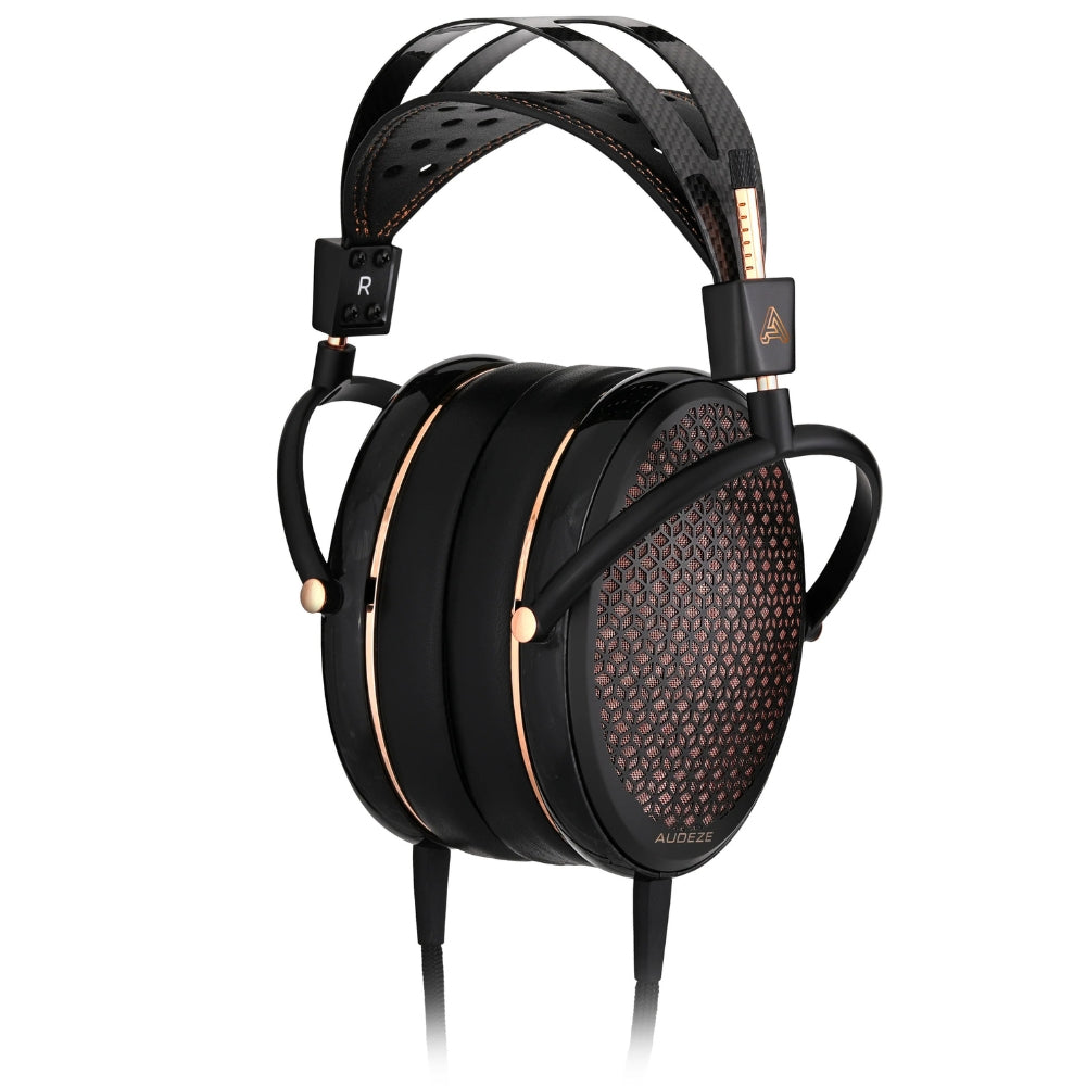 Audeze CRBN2 wired headphones with over-ear design, black ear cups, and braided cable for high-quality audio.