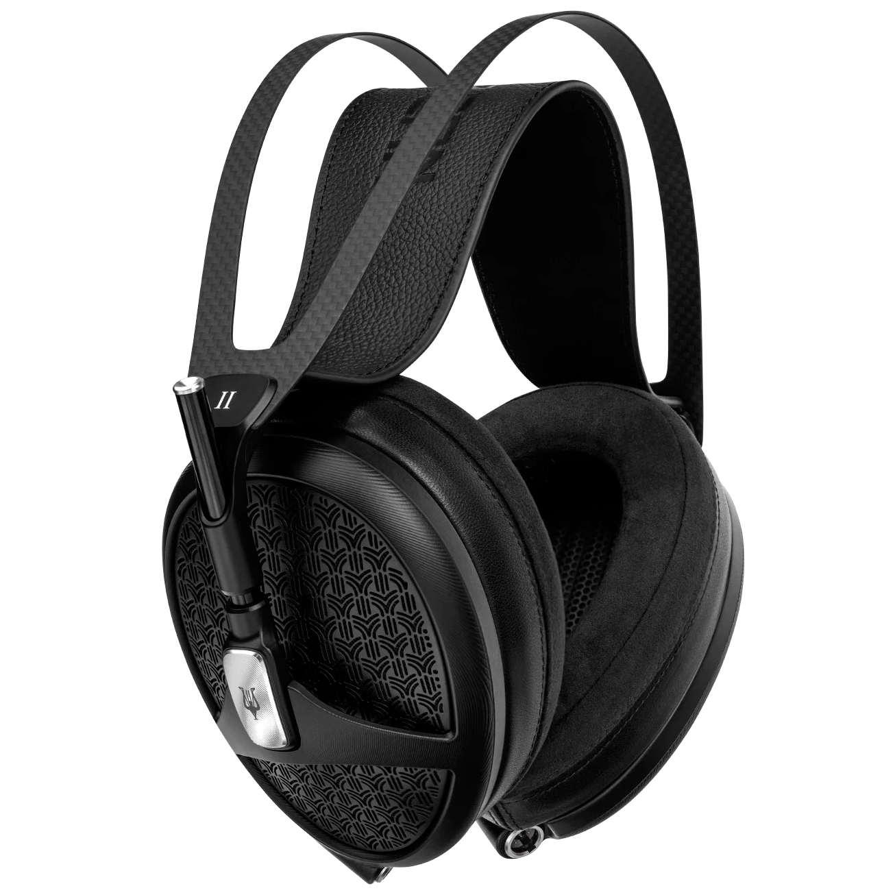 Meze Audio Empyrean II wired headphones with black ear cups and headband, showing detailed ear cushions and sleek design.