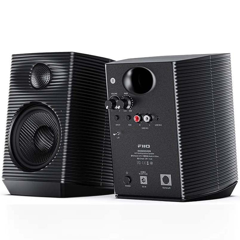 FiiO SP3 BT desktop speakers with sleek design, featuring two speaker units and Bluetooth connectivity for high-quality audio.