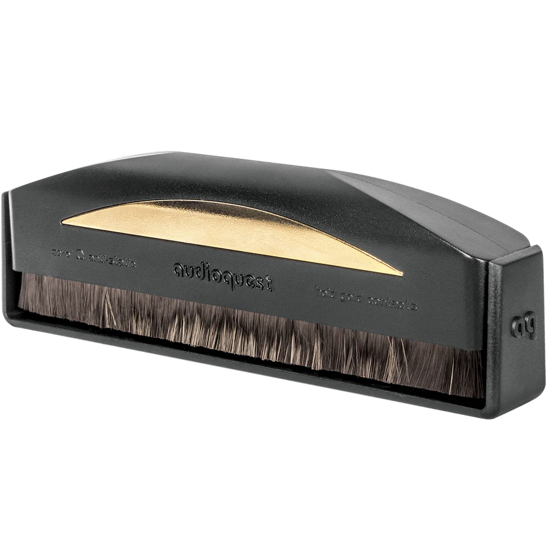 AudioQuest Gold Anti-Static Record Brush for cleaning vinyl records with anti-static properties and gold finish.