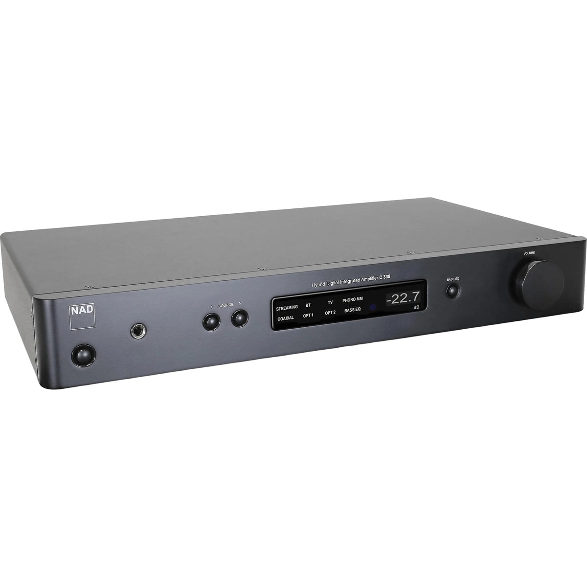 NAD C 338 stereo amplifier with sleek black design and control knobs, showcasing high-quality audio equipment for home sound systems.