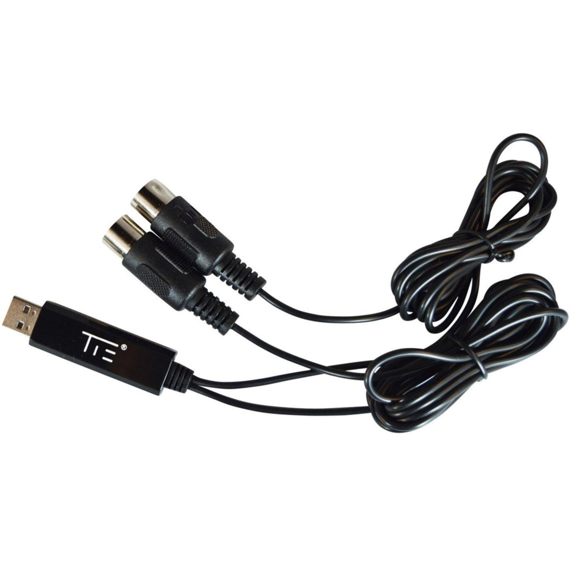 Tie Studio MIDI 1i1o USB MIDI interface, hero with USB and MIDI connectors