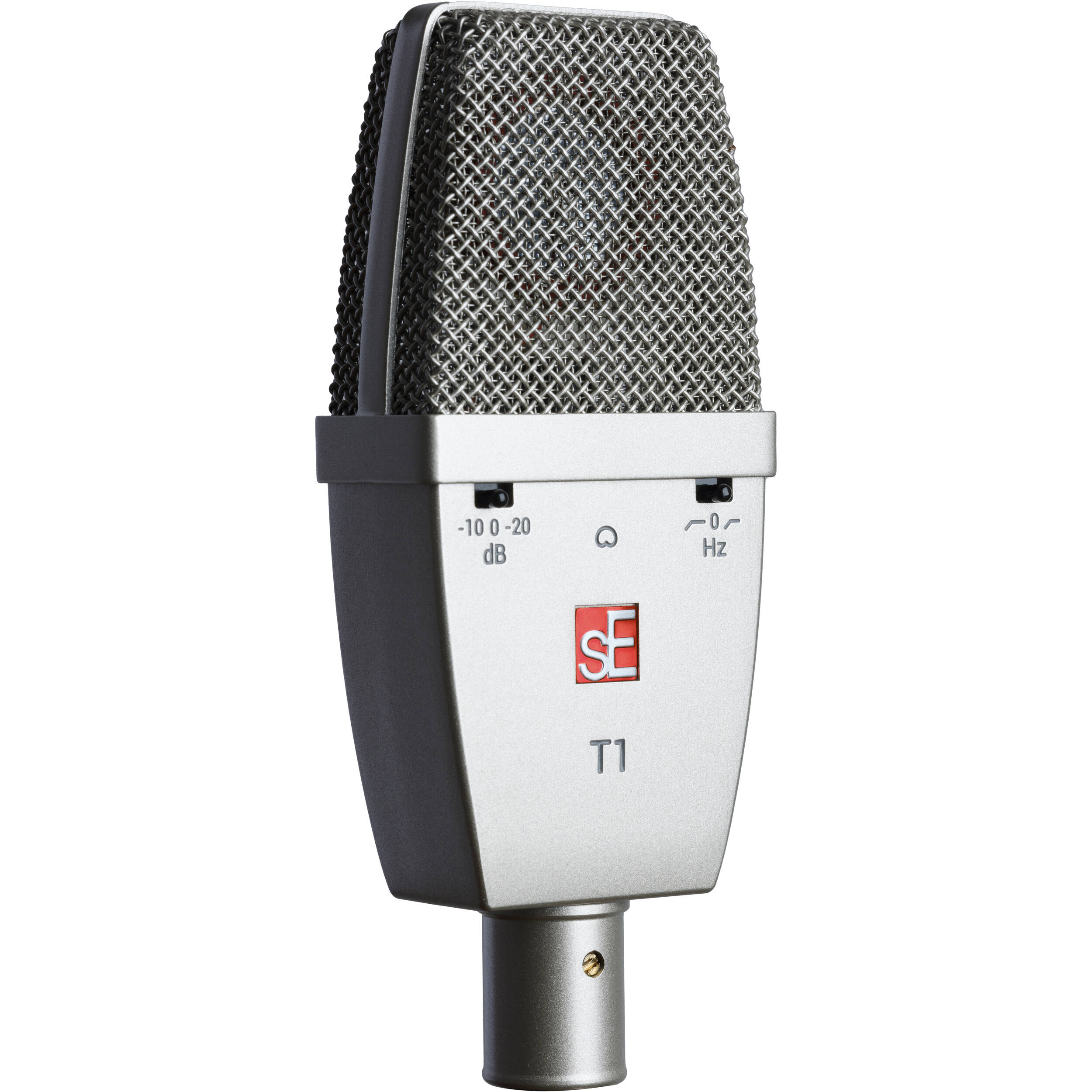 sE Electronics T1 condenser microphone with sleek black body and grille, designed for studio recording and professional audio capture.