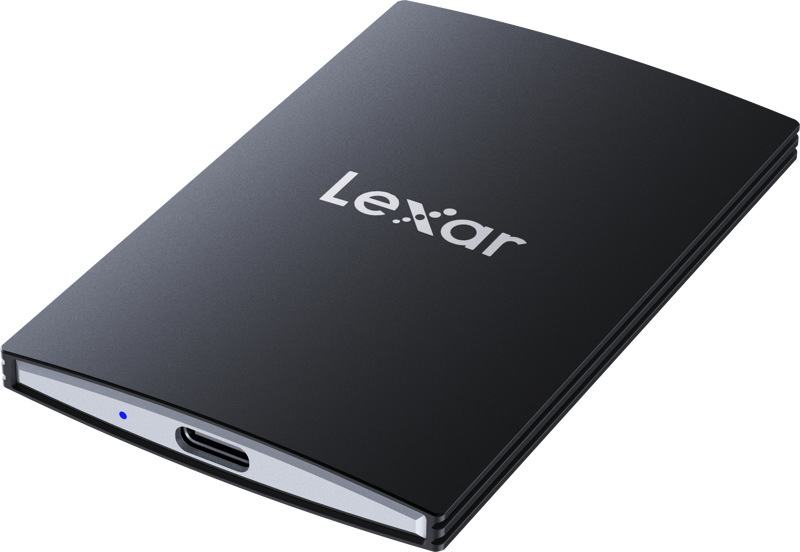Lexar SL500 portable SSD external drive with sleek black design and USB-C connection for fast data transfer.