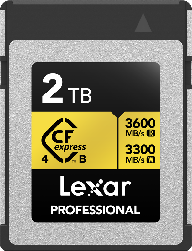 Lexar CFexpress 4.0 Pro Gold memory card with R3600/W3300 speed ratings, designed for professional camera storage.
