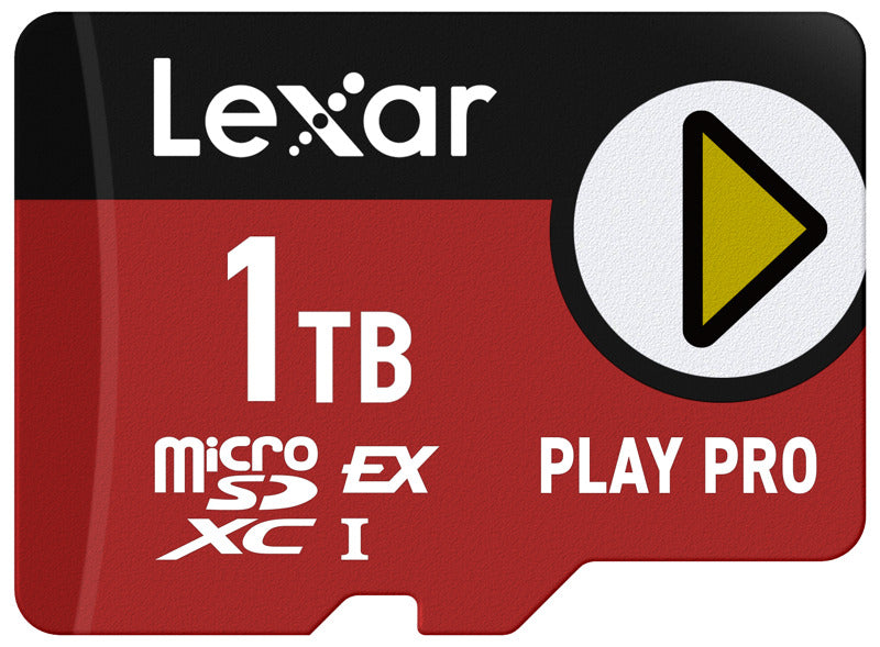Lexar PLAY PRO microSDXC Express memory card with storage capacity and fast read/write speeds, shown in a close-up image.