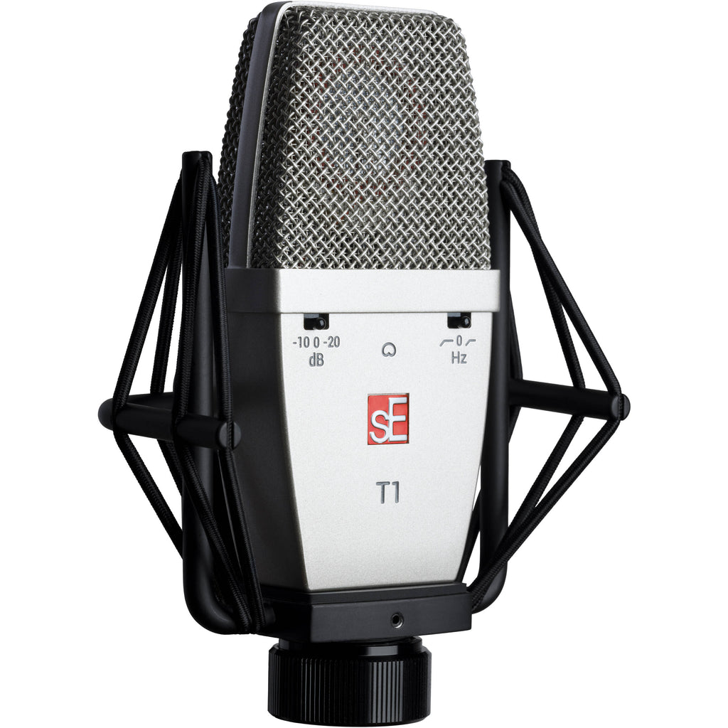 sE Electronics T1 condenser microphone with metal grille and studio shock mount, ideal for professional recording and vocals.