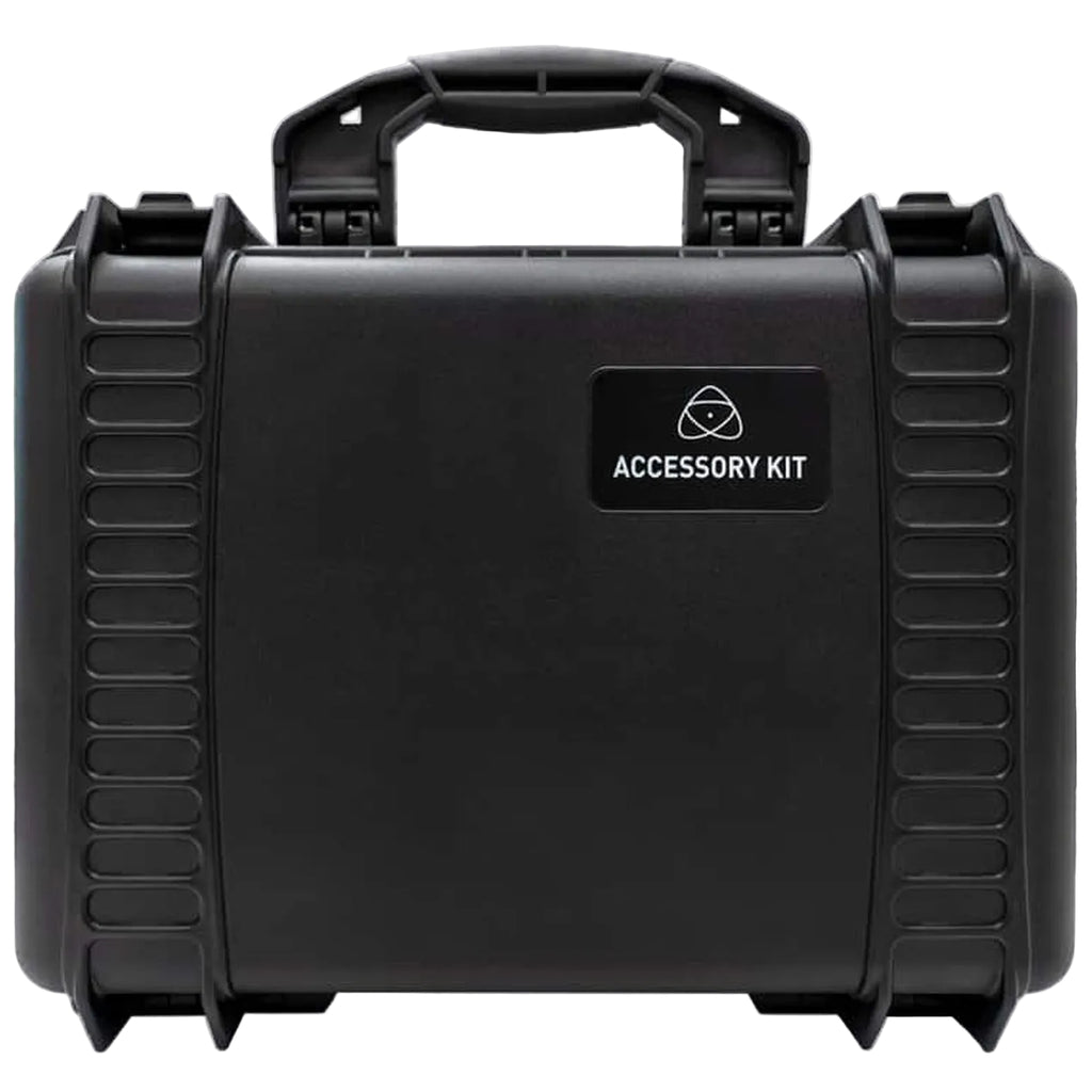 Open view of the Atomos Universal Accessory Kit with various video accessories in a black carrying case.