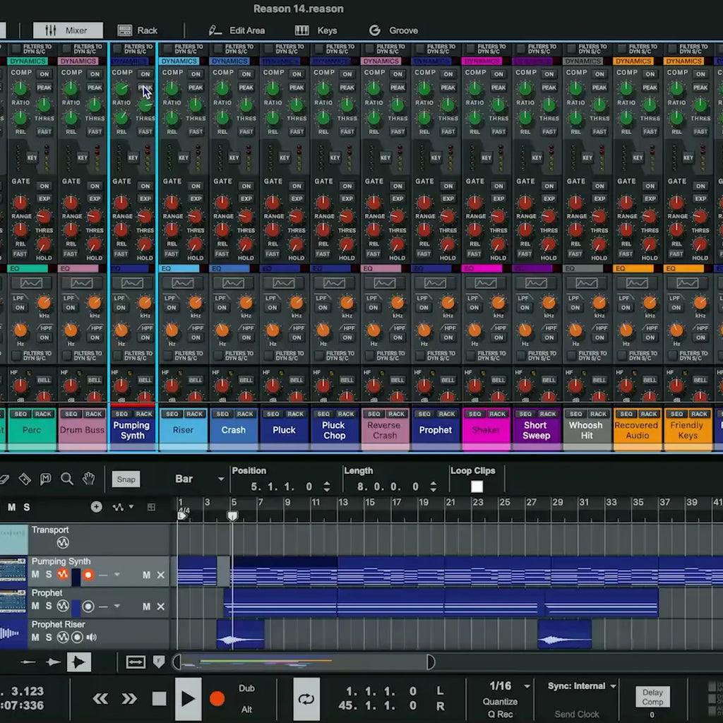 Dark mode interface of Reason Studios Reason 14 music production software displayed on screen with various digital audio workstation features.