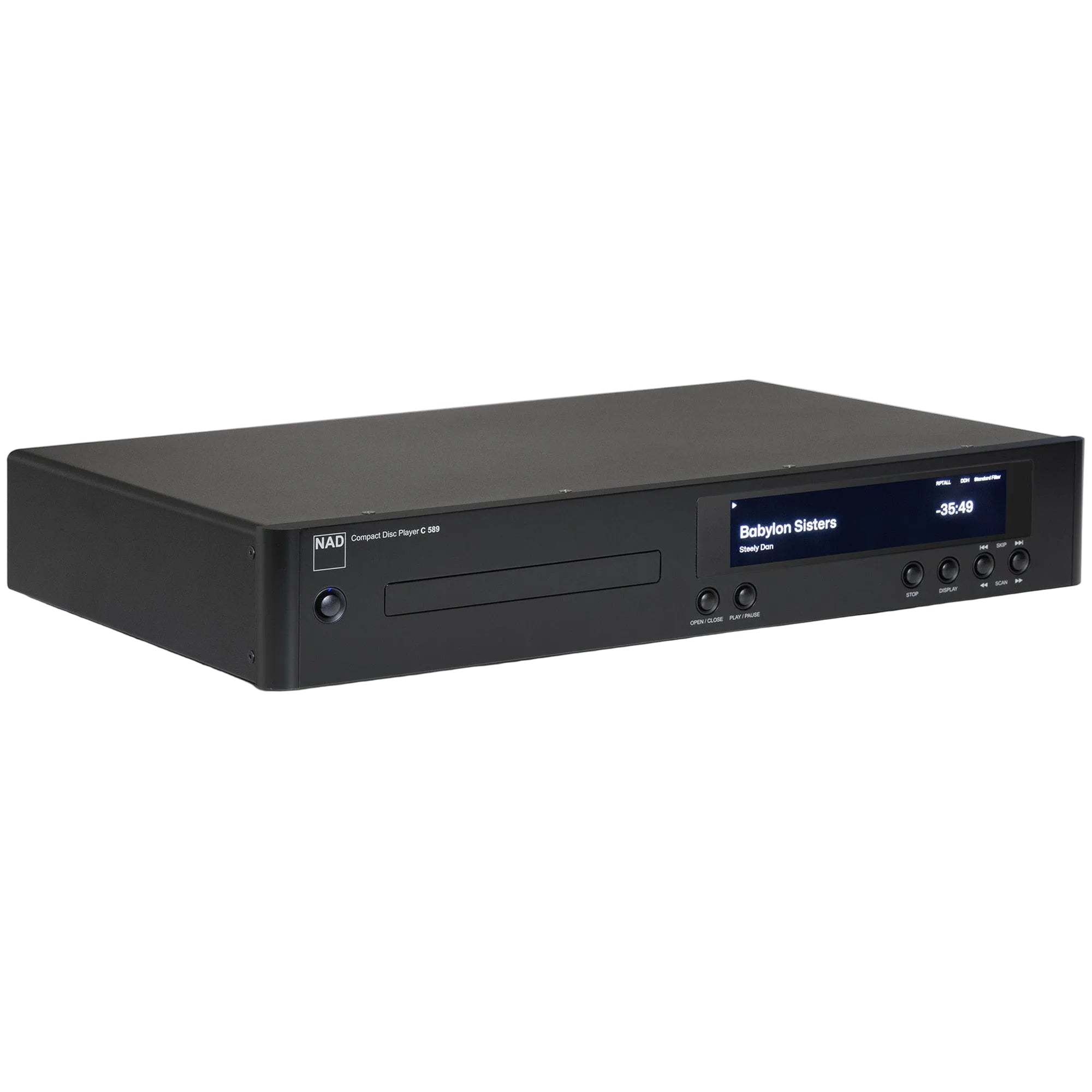 NAD C 589 CD player with sleek black design, digital display, and control buttons, perfect for high-quality audio playback.