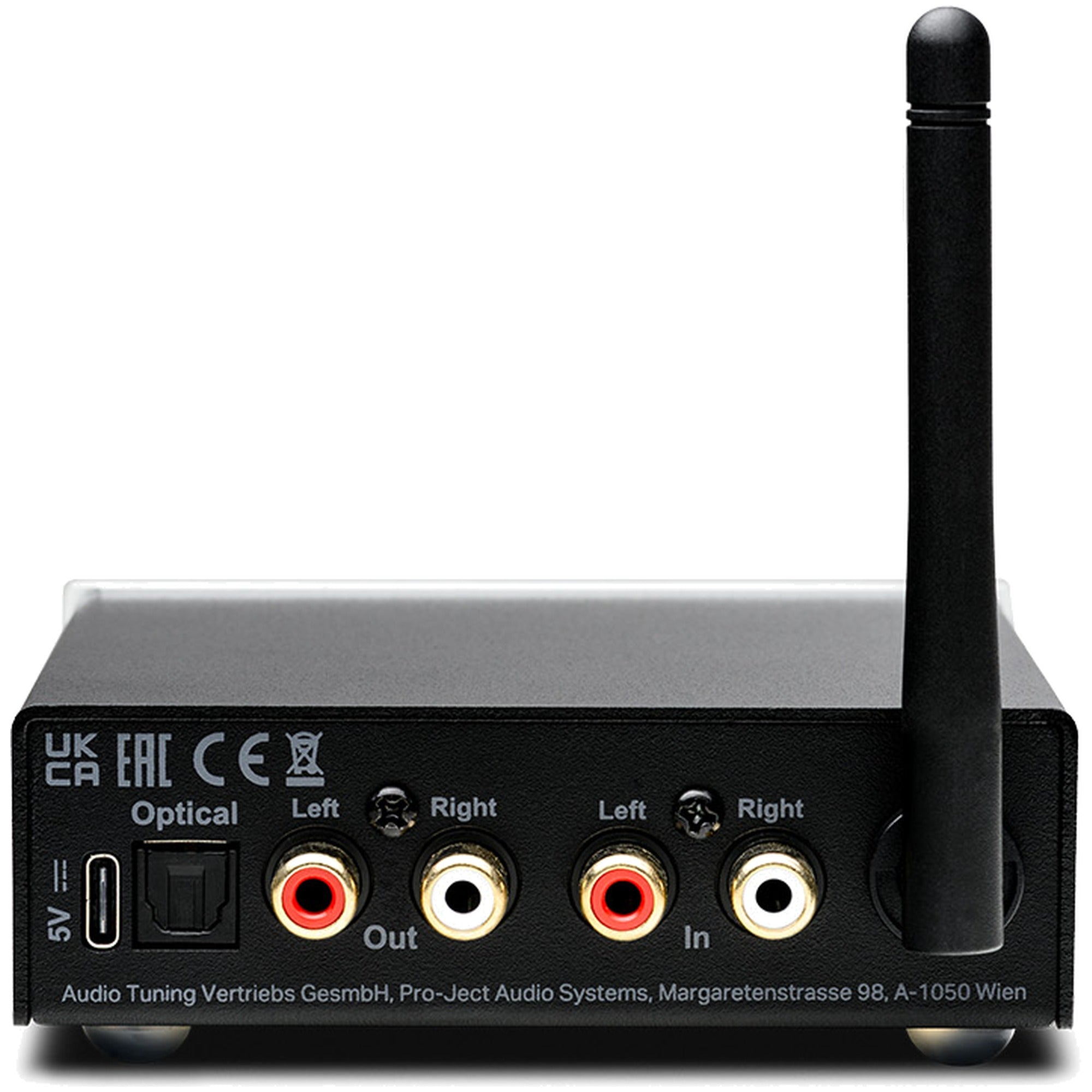 Pro-Ject Stream Box E music streamer with rear ports, compact design, and digital audio output for high-quality streaming.