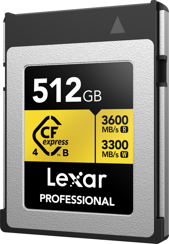 Lexar CFexpress 4.0 Pro Gold memory card with R3600/W3300 read/write speeds, designed for high-performance camera accessories