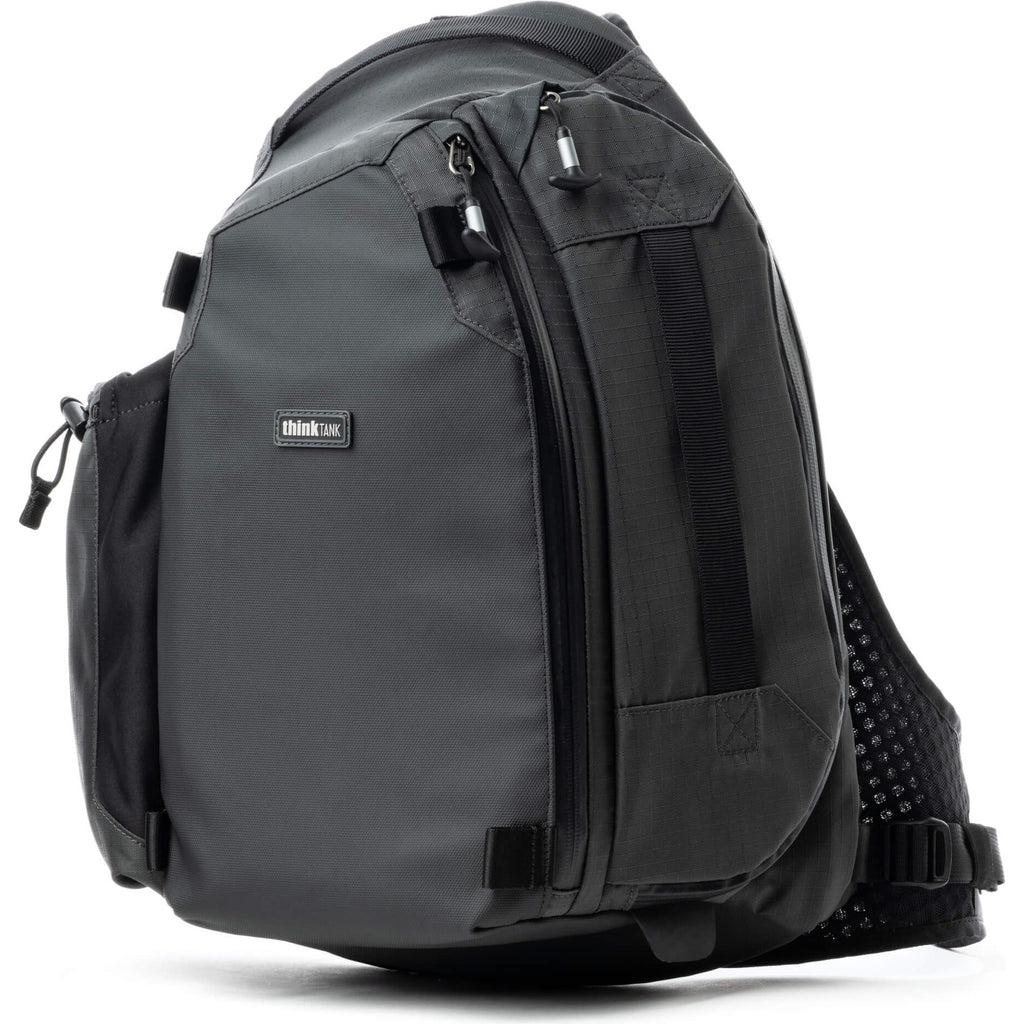 Black Think Tank MindShift PhotoCross Sling V2 camera bag with adjustable strap, designed for carrying video equipment securely.
