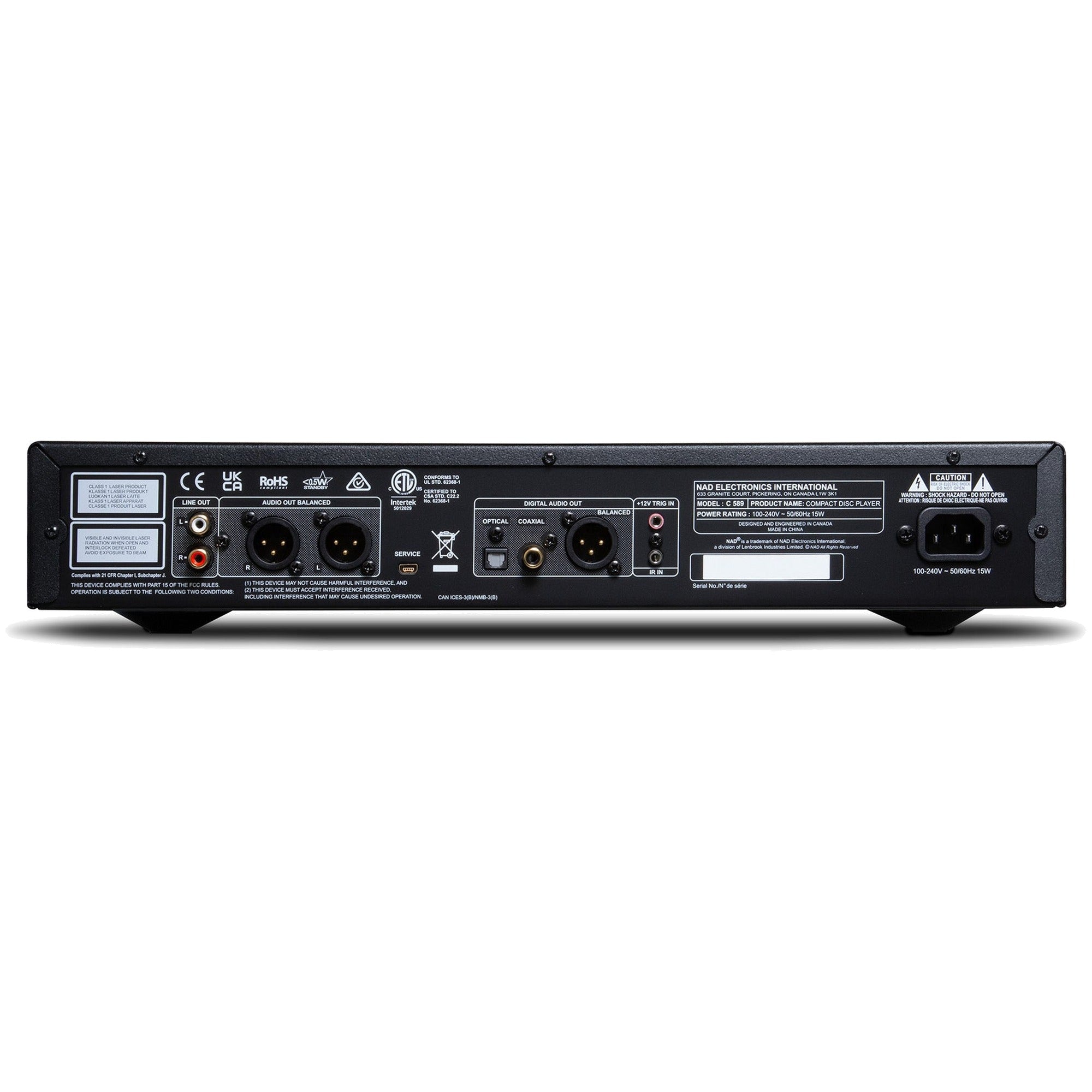 Rear view of NAD C 589 CD player showing input/output ports and sleek black design.