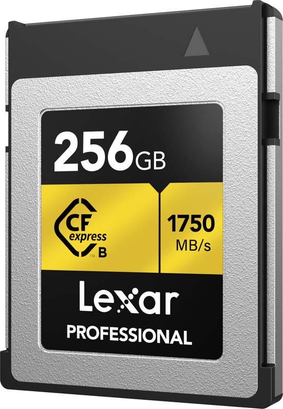 Lexar CFexpress Pro Gold R1750/W1500 memory card with gold label and connectors, showcasing high-performance storage accessory.