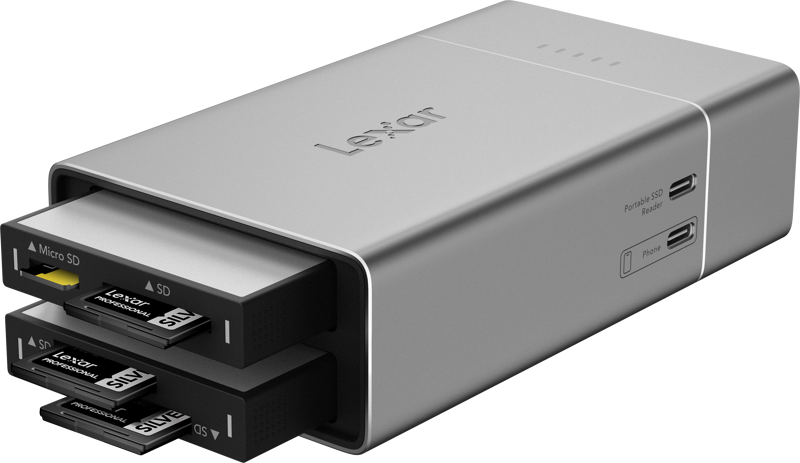 Lexar Workflow Go docking station with dual module bay, USB hub and multiple ports for data transfer and device connectivity.