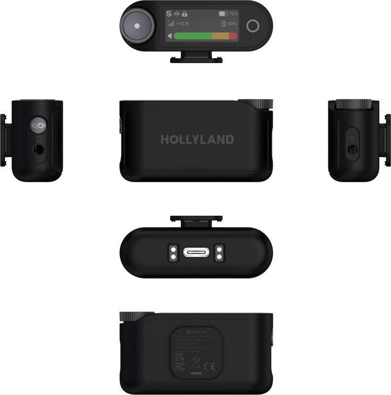 Hollyland Lark Max 2 Creator Wireless Microphone System for four people, compact audio transmitters and receivers setup.