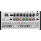 Top view of Erica Synths Bullfrog Drums drum machine, showing knobs, buttons, and control panel for sound creation.