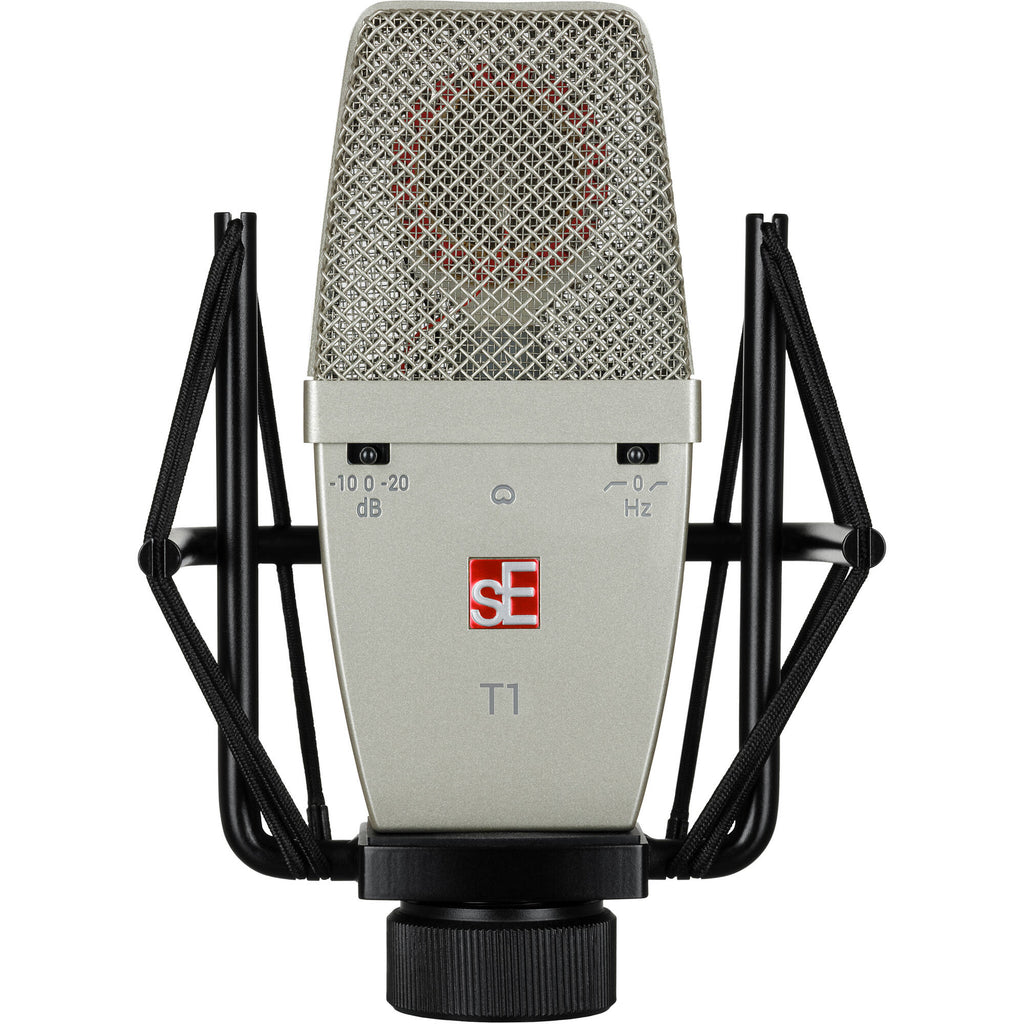 sE Electronics T1 condenser microphone with a sleek black design, featuring a metal grille and adjustable stand mount.