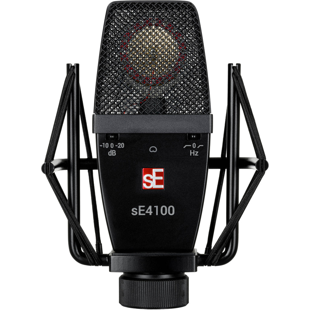 sE Electronics sE4100 condenser microphone with shock mount and pop filter, ready for studio recording.