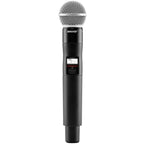 Shure QLXD2/SM58 stage wireless microphone system with handheld microphone on a stand, professional audio equipment for live performances.