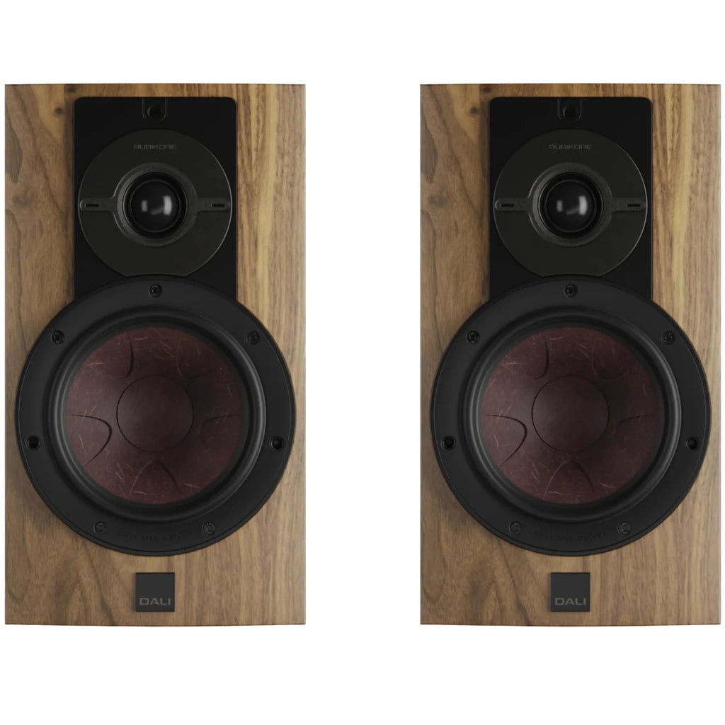 DALI Dali Rubikore 2 passive bookshelf speakers with black enclosures and front grille for high-quality home audio.
