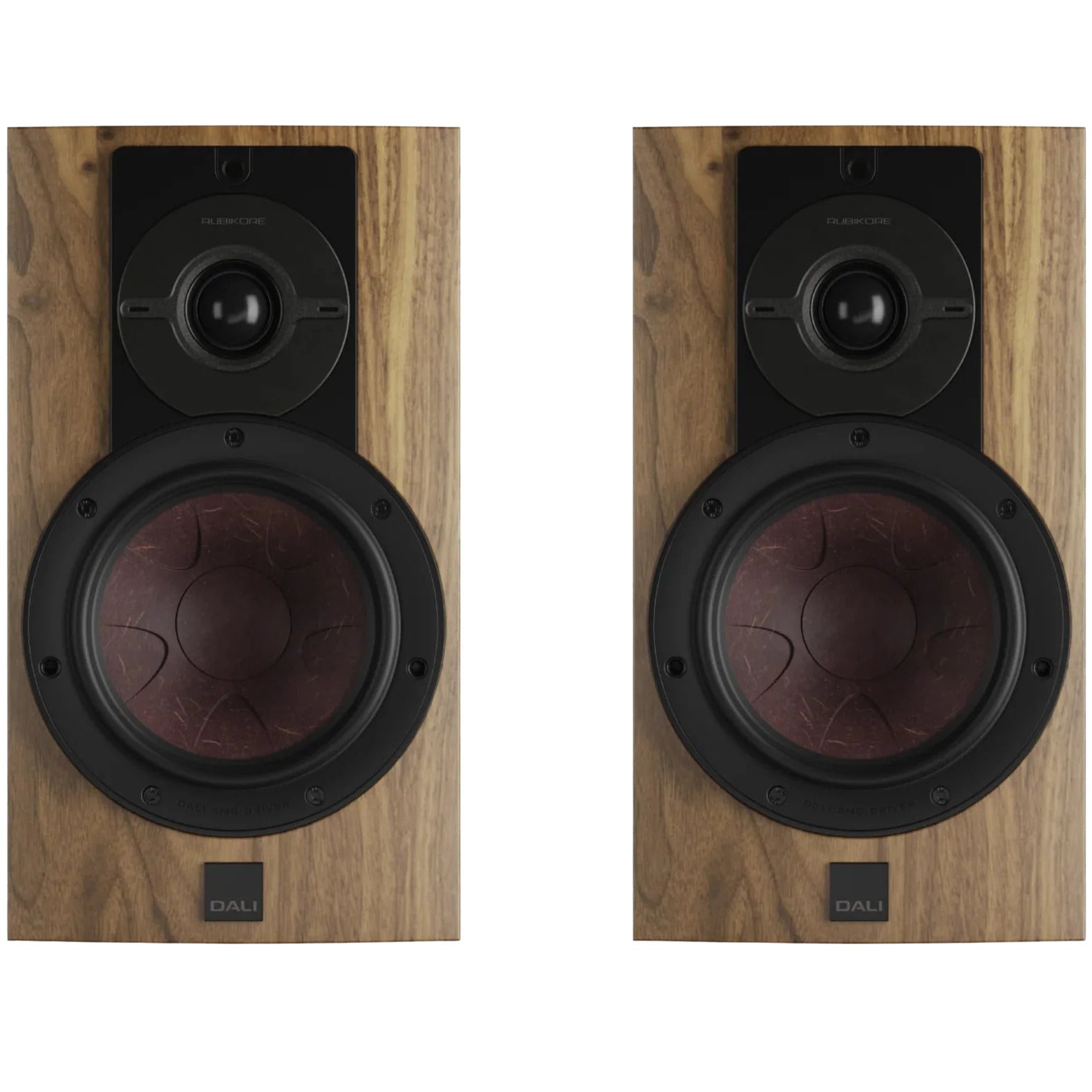 DALI Dali Rubikore 2 passive bookshelf speakers with black enclosures and front grille for high-quality home audio.
