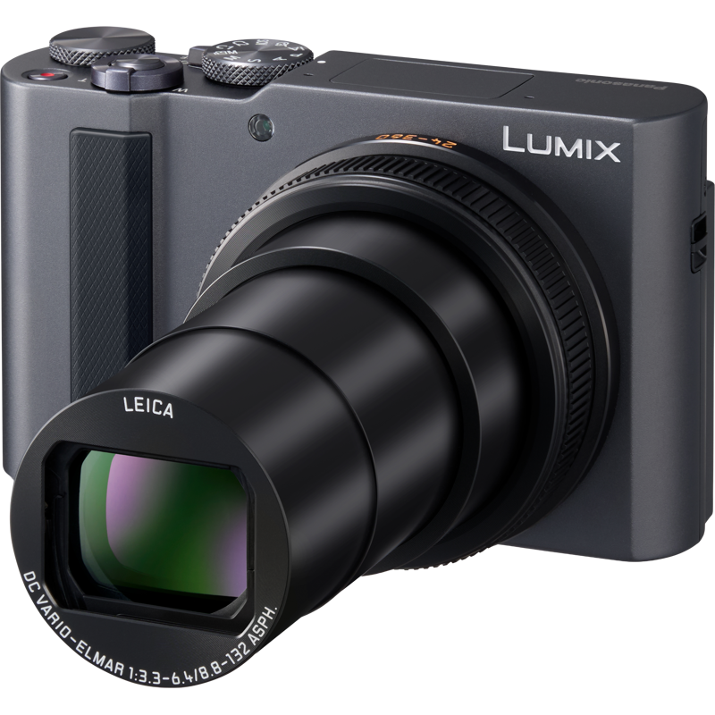 Panasonic LUMIX TZ300 compact camera with 4K video and zoom lens, shown with its sleek black body and control buttons.