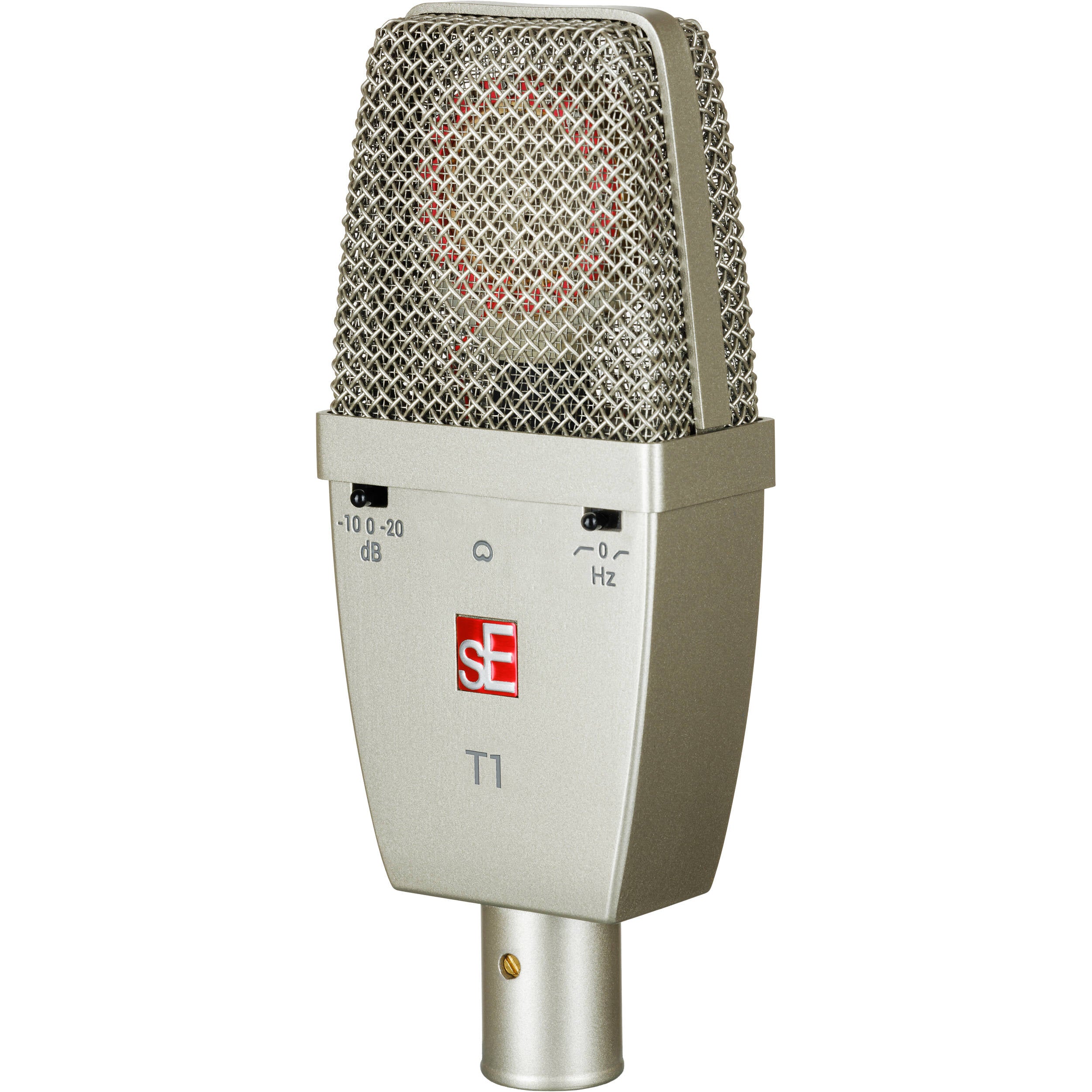 SE Electronics T1 condenser microphone with black body and silver grille, ideal for studio recording and vocals.