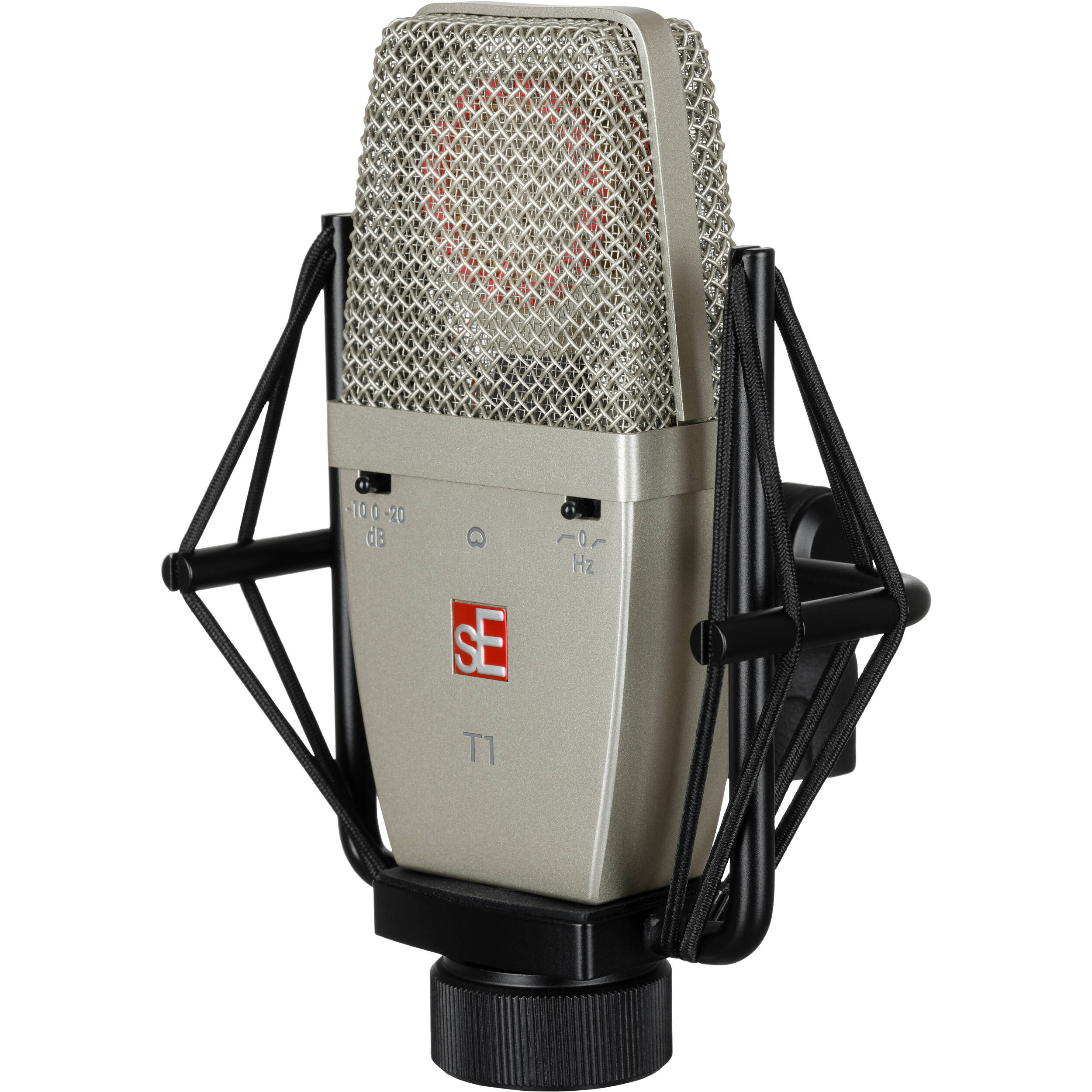 SE Electronics sE T1 condenser microphone with studio shock mount and pop filter for professional vocal recording.