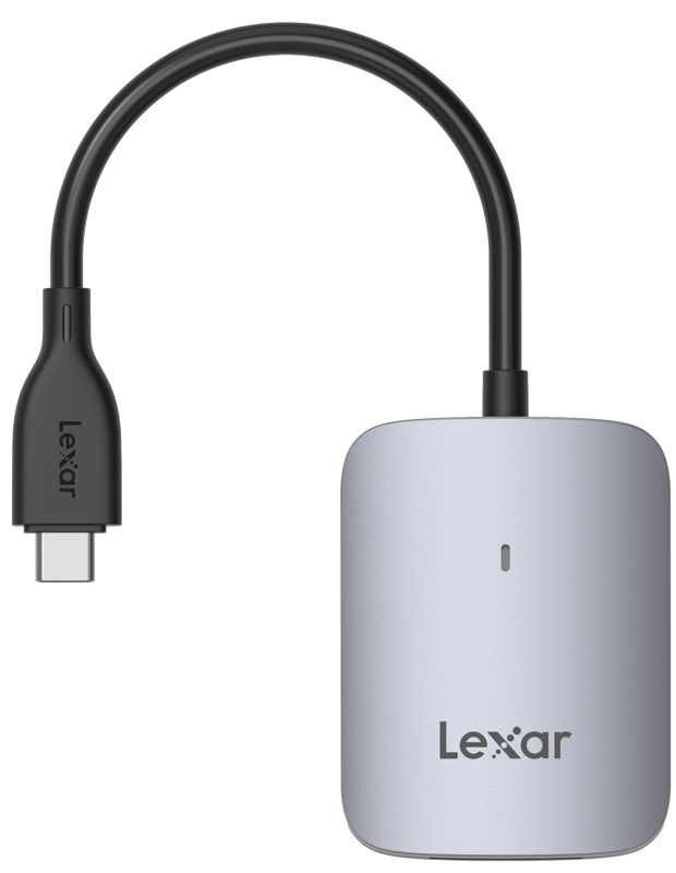 Lexar CFexpress Type A card reader with USB-A and USB-C ports, designed for fast data transfer from memory cards.