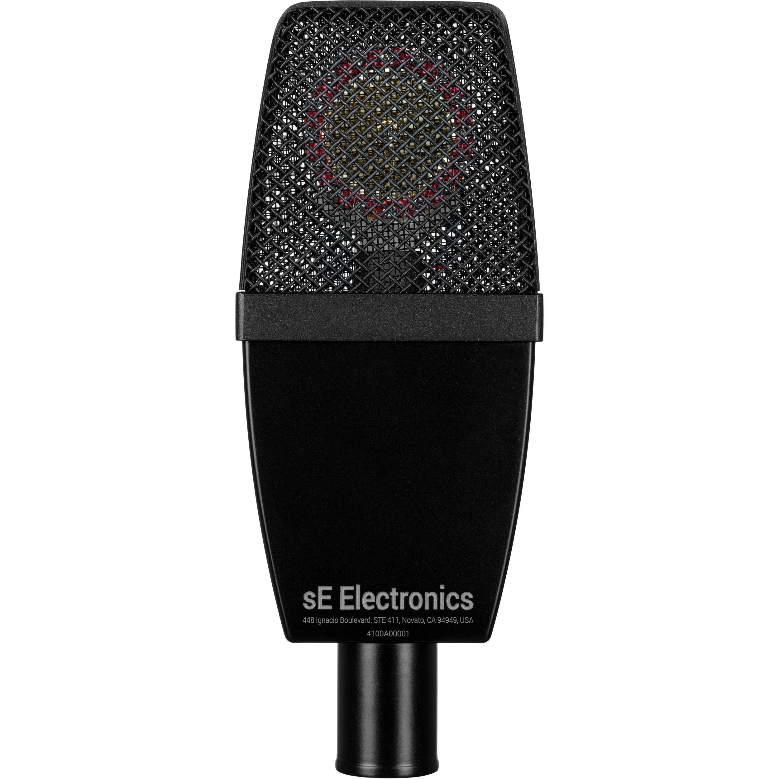 sE Electronics sE4100 condenser microphone with black body and silver grille, placed on a stand, ready for professional audio recording