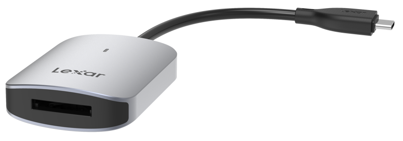 Lexar CFexpress Type A Card Reader LRW515U with USB-A and USB-C ports for fast data transfer of media cards.