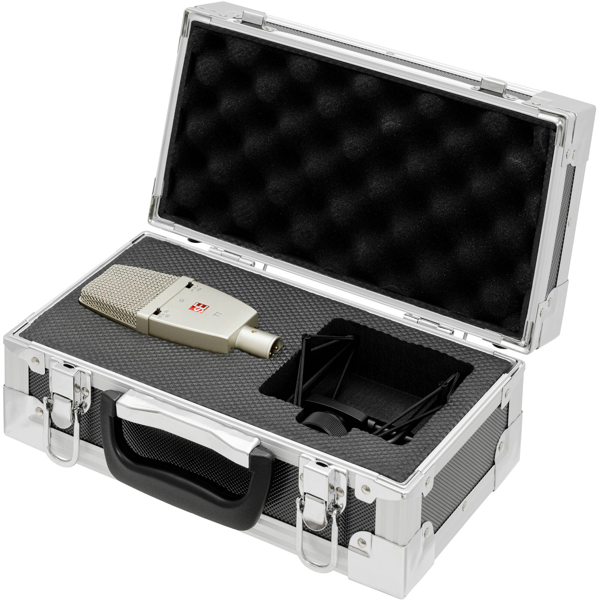 SE Electronics T1 condenser microphone with professional studio design and black finish, suitable for vocals and recording.