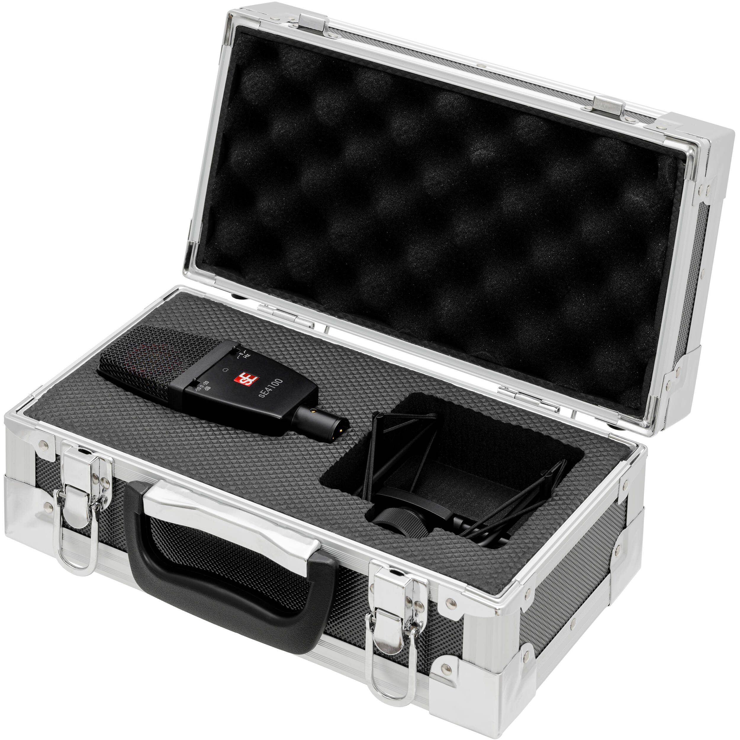 sE Electronics sE4100 condenser microphone with built-in shock mount and sleek black finish, ideal for studio recording.