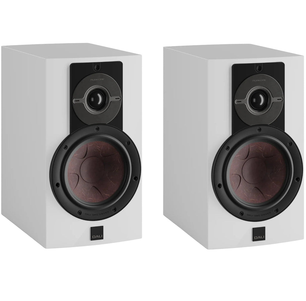 DALI Rubikore 2 passive bookshelf speakers showing black finish and compact design for home audio systems.