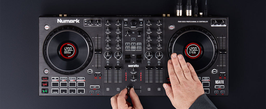 Numark NS4FX DJ controller with sliders, knobs, and jog wheels for professional mixing and music performance.