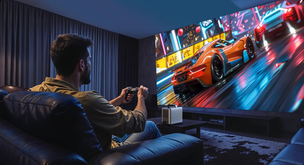 Nebula Cosmos 4K SE projector displaying a vibrant, colorful image on a wall, showcasing its high-resolution 4K projection capabilities.