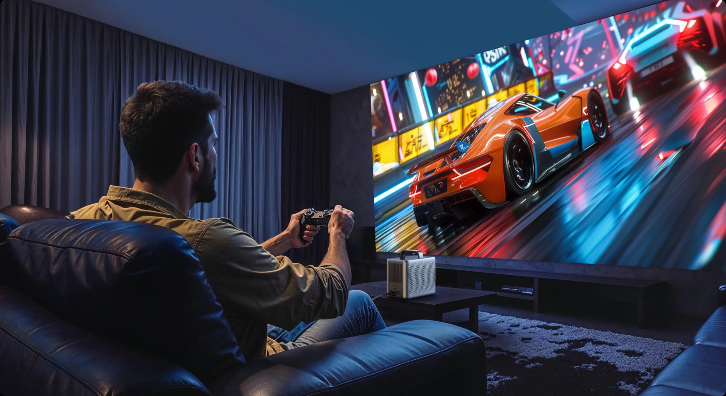 Nebula Cosmos 4K SE projector displaying a vibrant, colorful image on a wall, showcasing its high-resolution 4K projection capabilities.