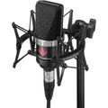 Neumann TLM 102 condenser microphone in a studio setting, showcasing its sleek design and professional build.