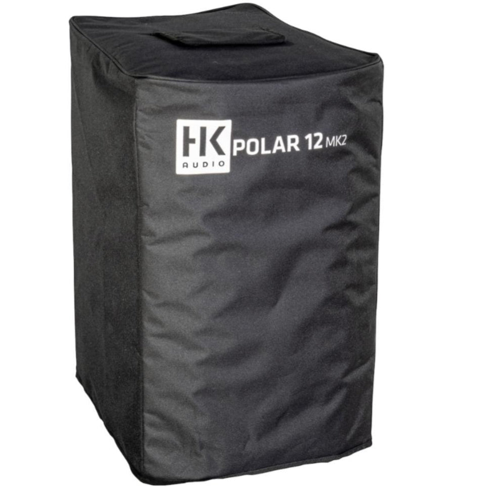 HK Audio POLAR 12 MK2 subwoofer cover in durable black fabric, designed for protection and easy transport of the speaker.