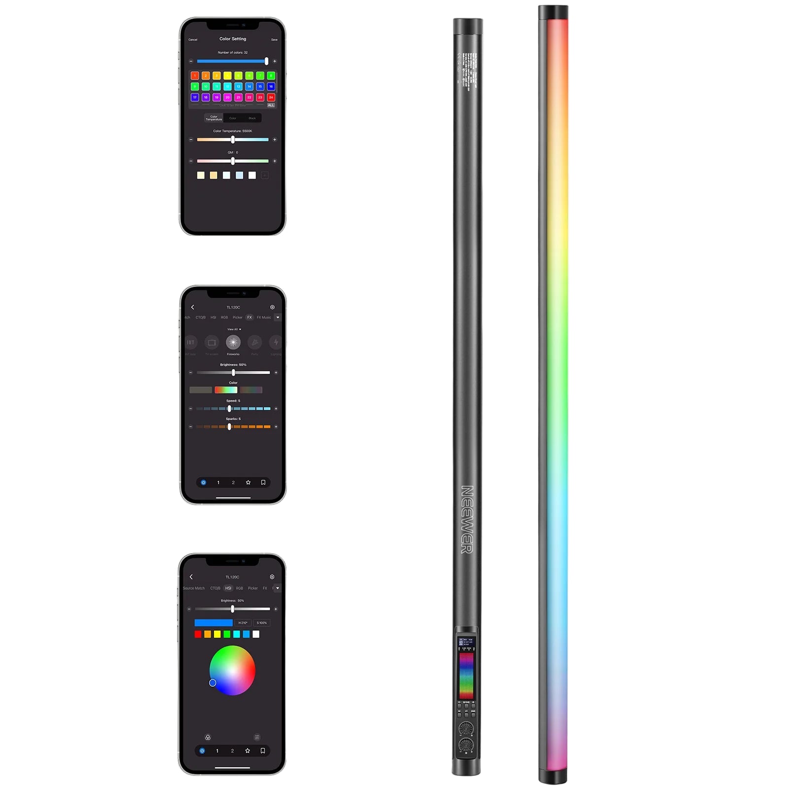 Neewer TL120C LED light stick with adjustable brightness and color temperature, ideal for photography and videography.