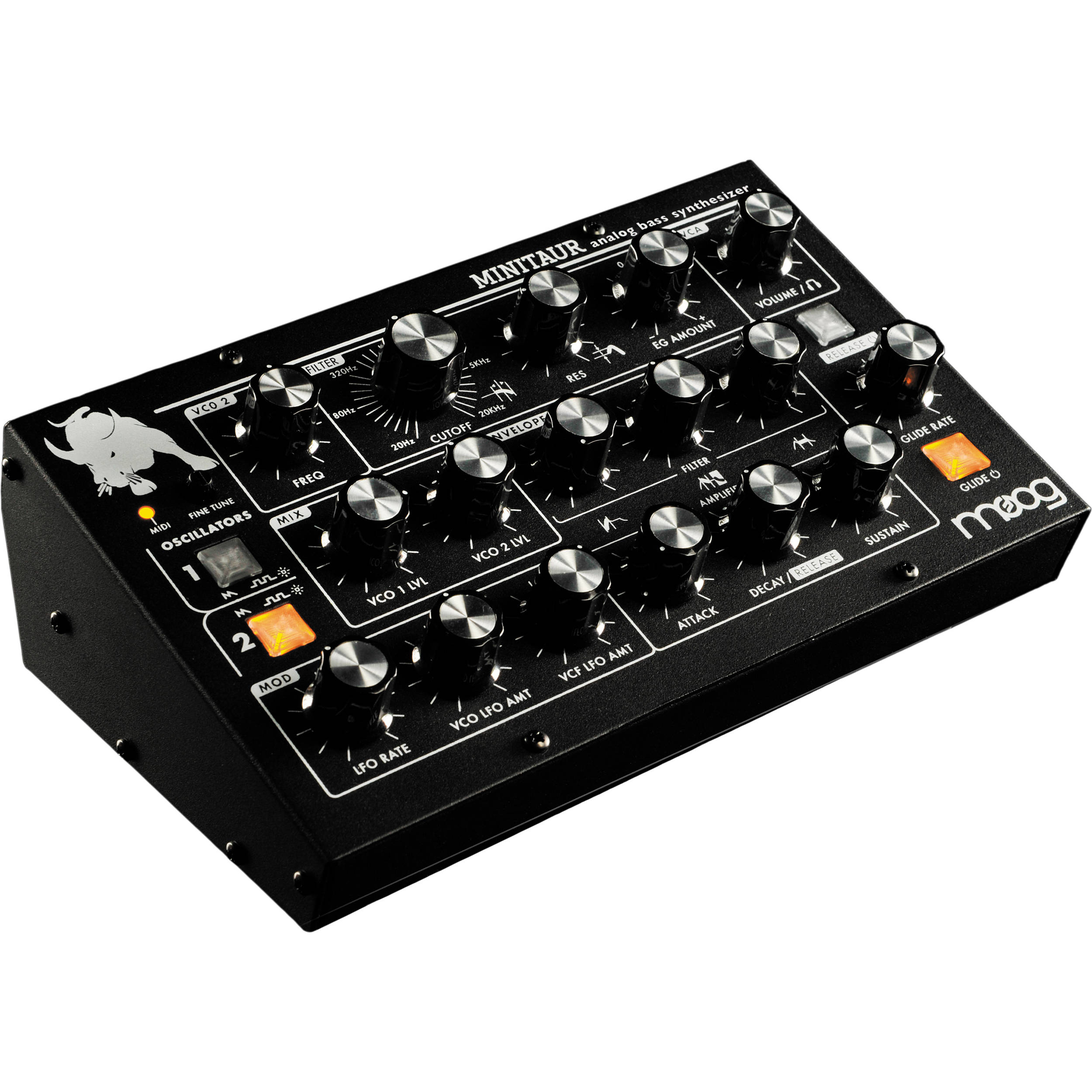 Moog Minitaur synthesizer with compact design, knobs, and patch points, showcasing its black metal casing and control interface.