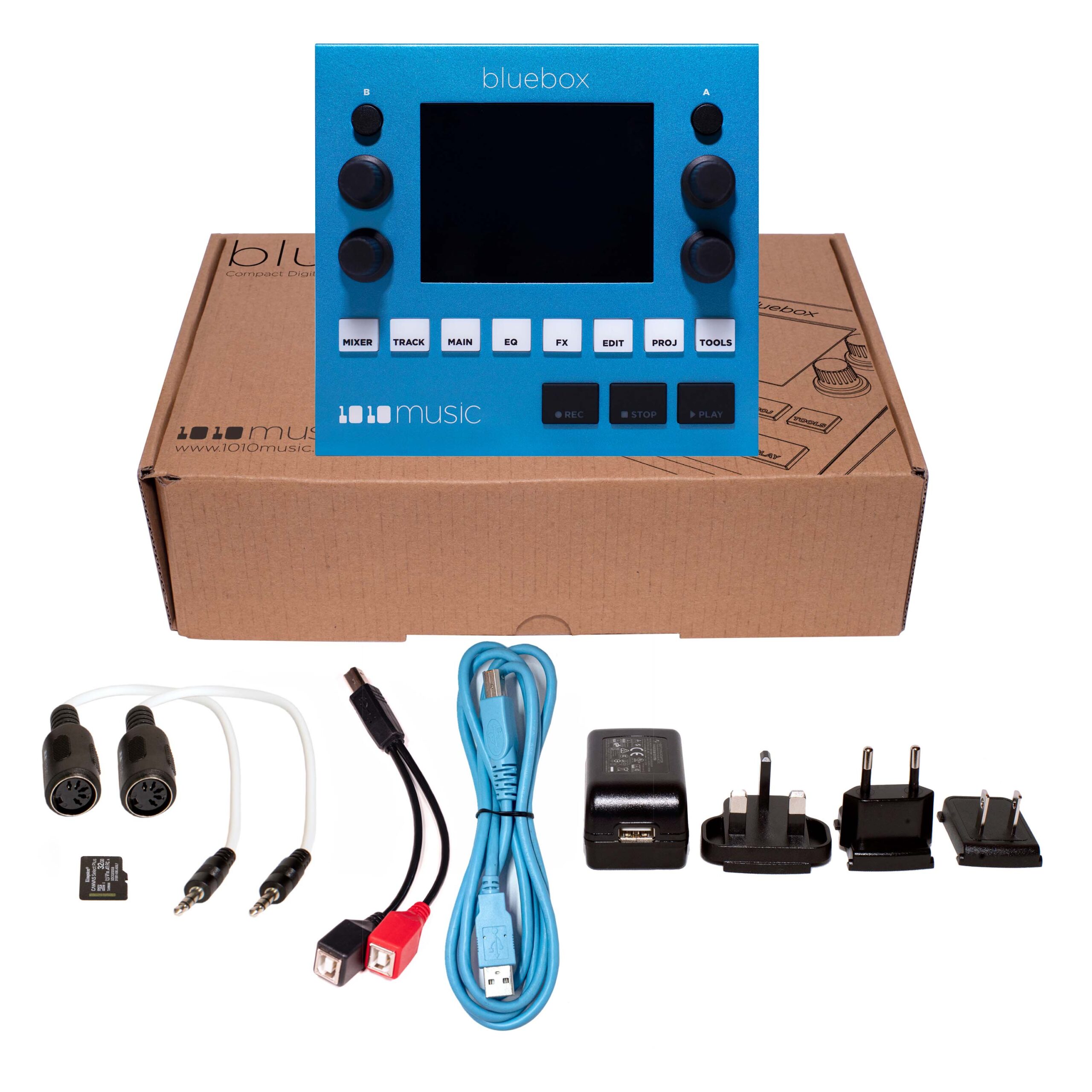 Bluebox digital mixer by 1010music with colorful knobs and control interface, connected with cables on a sleek black surface.