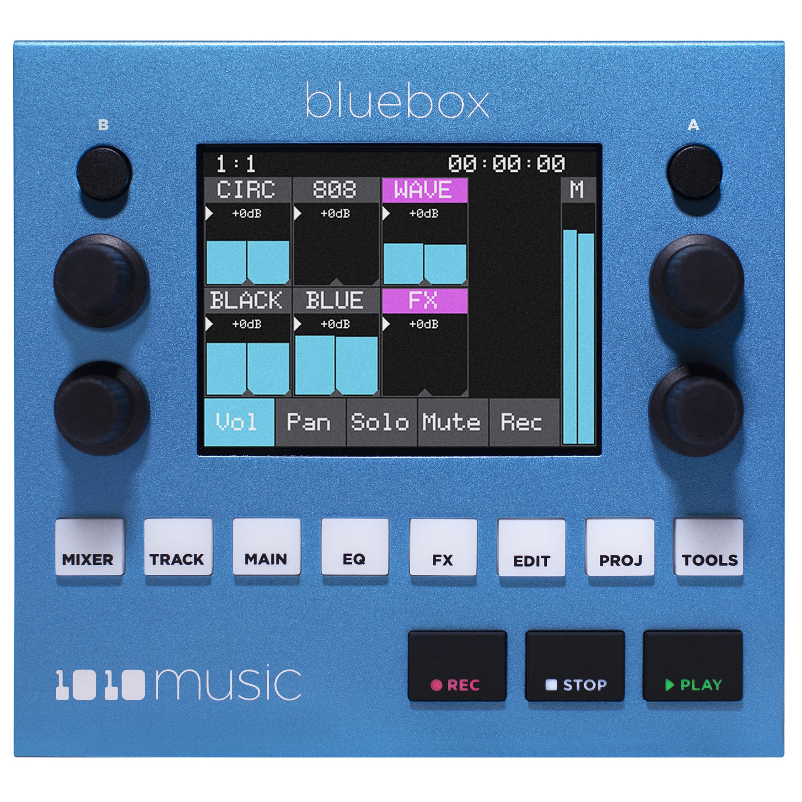 Digital mixer 1010music Bluebox with colorful knobs and buttons, compact design for music production and live sound mixing.