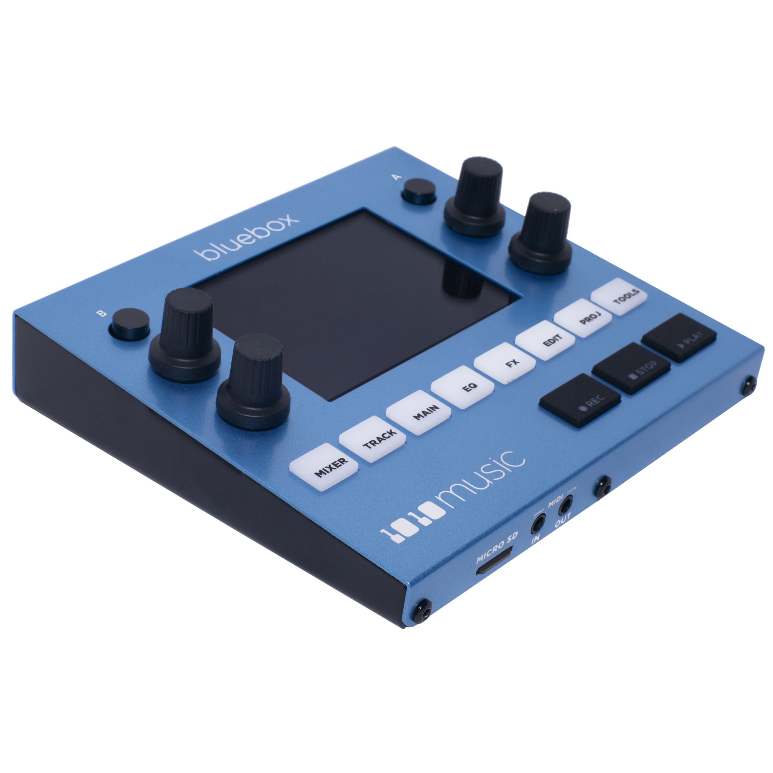 Bluebox digital mixer by 1010music with colorful knobs and controls, compact design for music production and live performance.