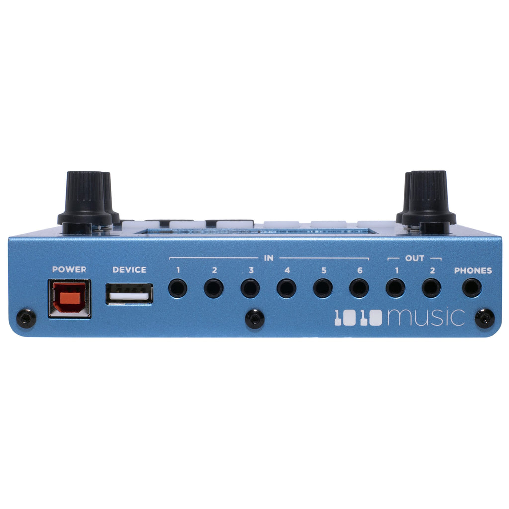 1010music Bluebox digital mixer with multiple knobs and input ports, compact audio mixing device for music production.