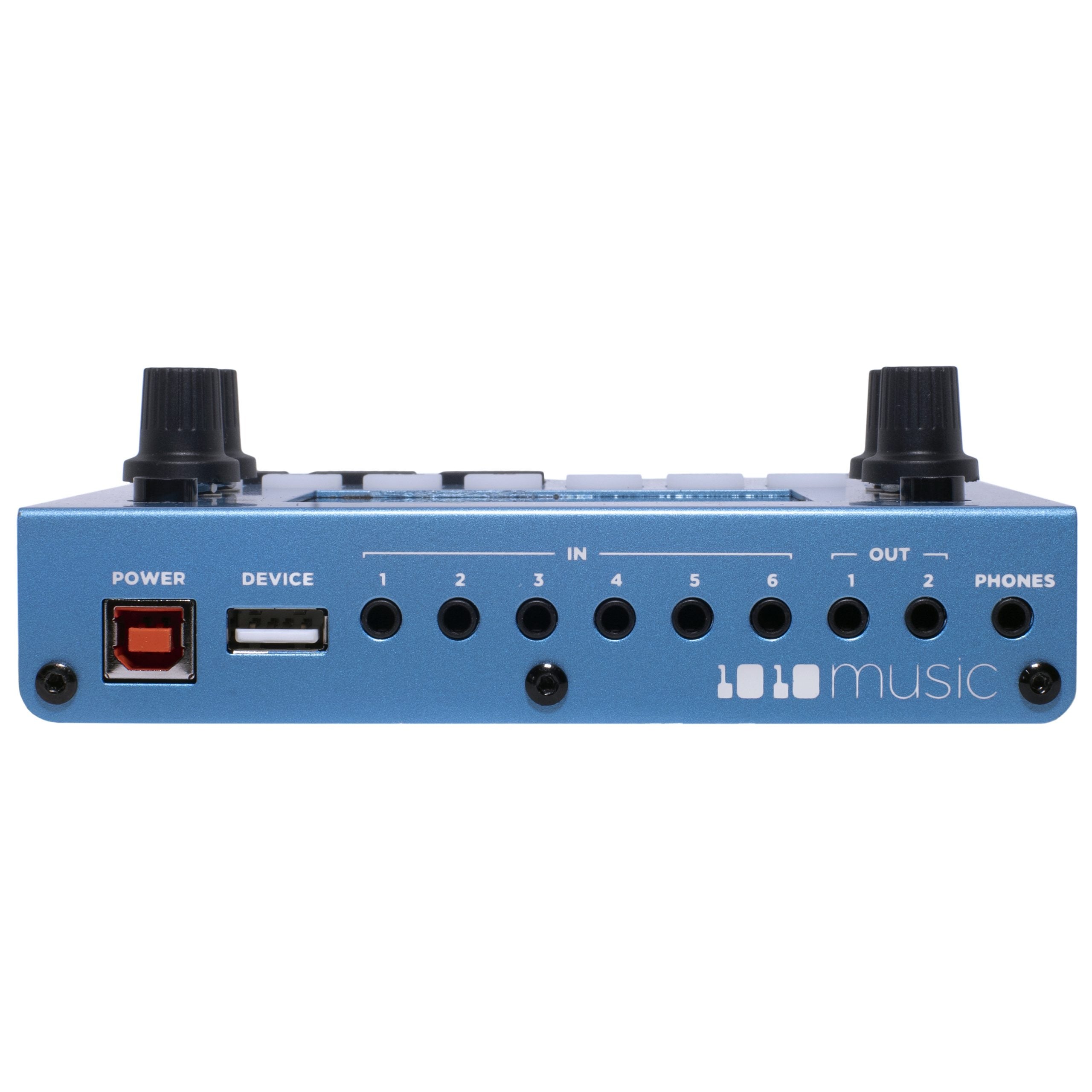 1010music Bluebox digital mixer with multiple knobs and input ports, compact audio mixing device for music production.